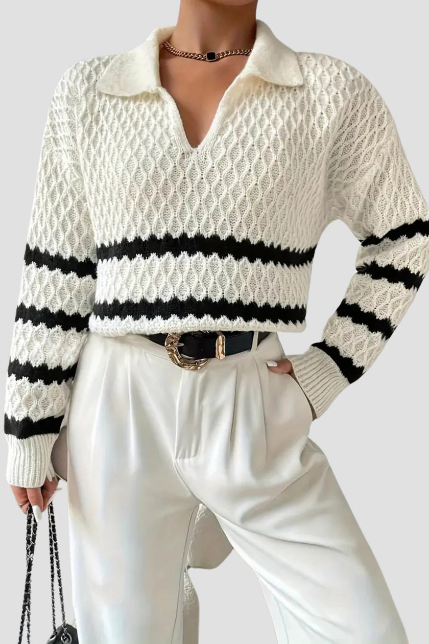 Cable Knit Sweater Women V-Neck Striped Diamond Texture Cotton