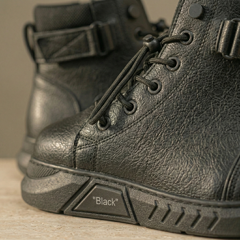 Men's black leather high-top Chelsea boots with side zipper by FJØRNA, featuring a sleek design and sturdy sole.