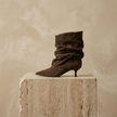 FJØRNA brown slouchy frill ankle boots for women featuring a Chelsea boot style with relaxed, stylish design and frill details.
