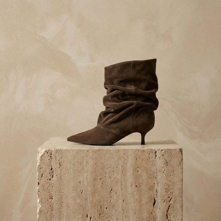 FJØRNA brown slouchy frill ankle boots for women featuring a Chelsea boot style with relaxed, stylish design and frill details.