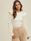 Ruffle Sleeve Knit Sweater Women Relaxed Fit Round Neck