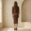 FJØRNA women's ribbed knit top and skirt co-ord set, two-piece set in matching fabric, shown on a model.
