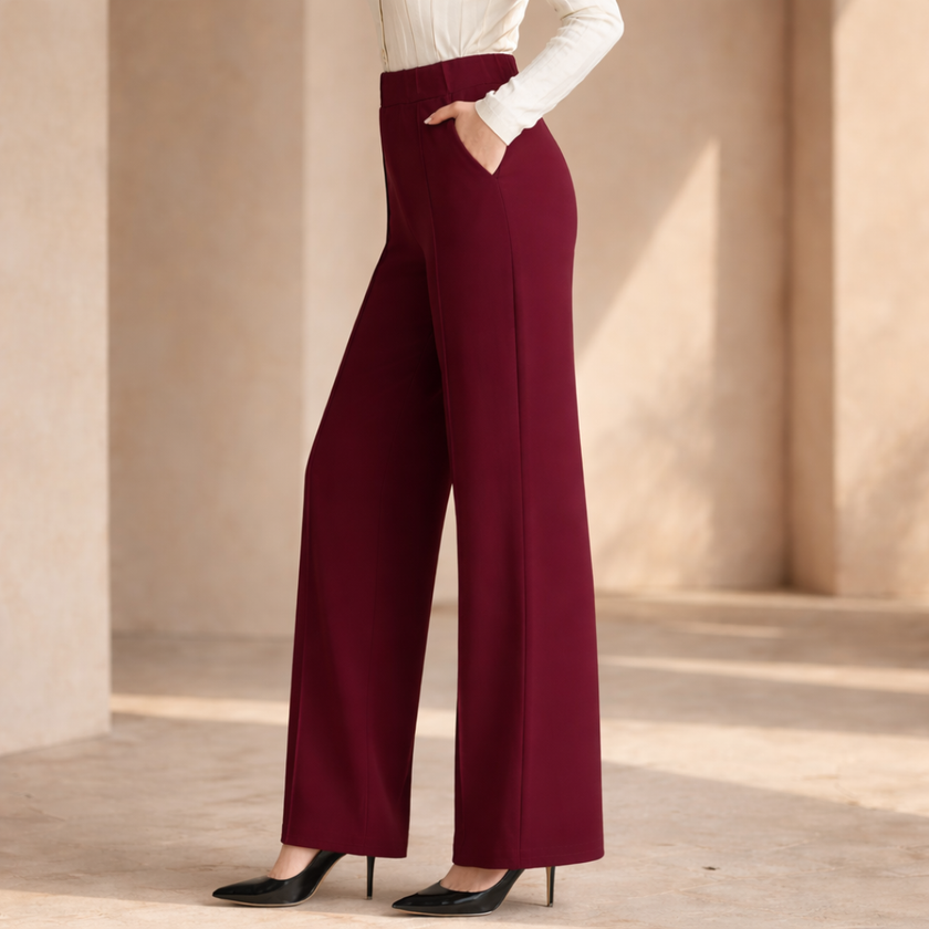FJØRNA high-waist wide-leg women's trousers, loose pull-on pants in soft fabric, styled with a relaxed fit and tailored design.