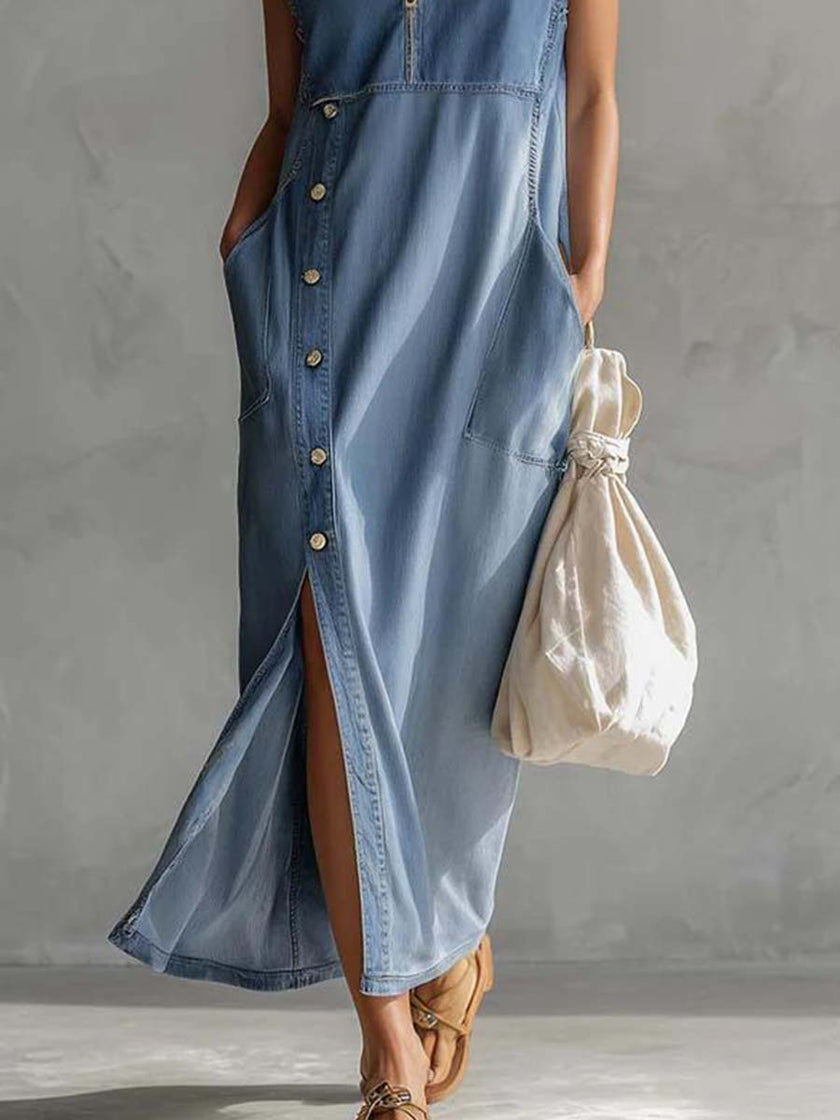 Blue denim V-neck midi dress by FJØRNA, casual style with a relaxed fit, shown on a model.