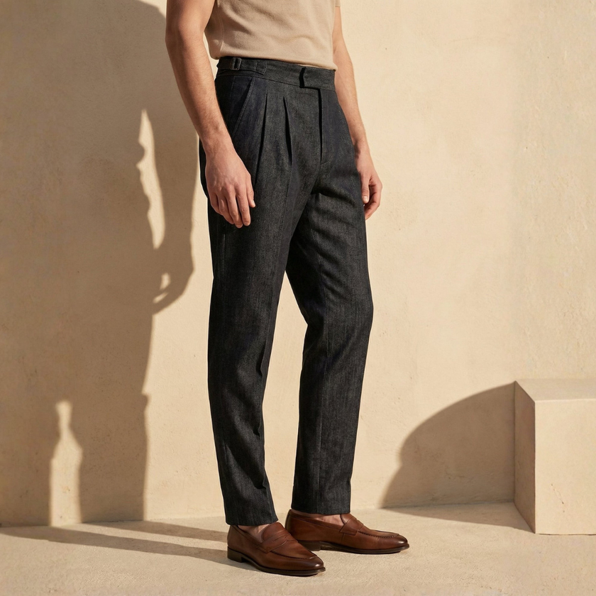 FJØRNA men's blue straight-leg cotton trousers with slim fit design, showcasing front view and slim silhouette.
