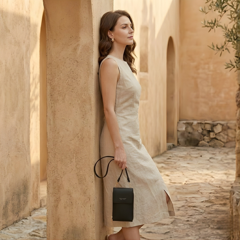 FJØRNA touchscreen crossbody phone bag for women, stylish bag with transparent phone pocket and adjustable strap.