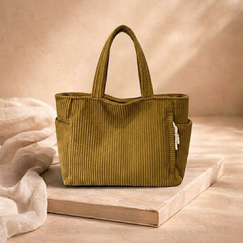 Large FJØRNA corduroy tote bag for women, everyday shoulder bag with spacious interior and stylish design.