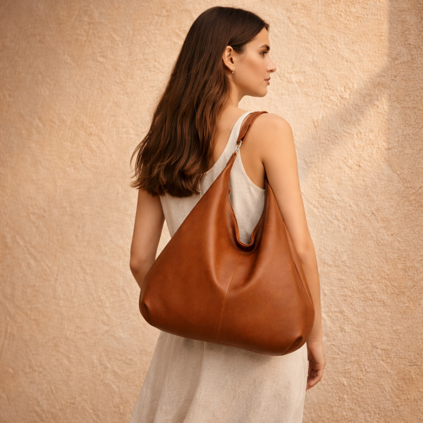 Large leather hobo bag for women by FJØRNA, stylish and spacious tote with shoulder strap, crafted from high-quality leather.