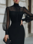 FJØRNA high-neck sheer sleeve tailored pencil midi dress, elegant cocktail dress with a fitted silhouette and sophisticated design.
