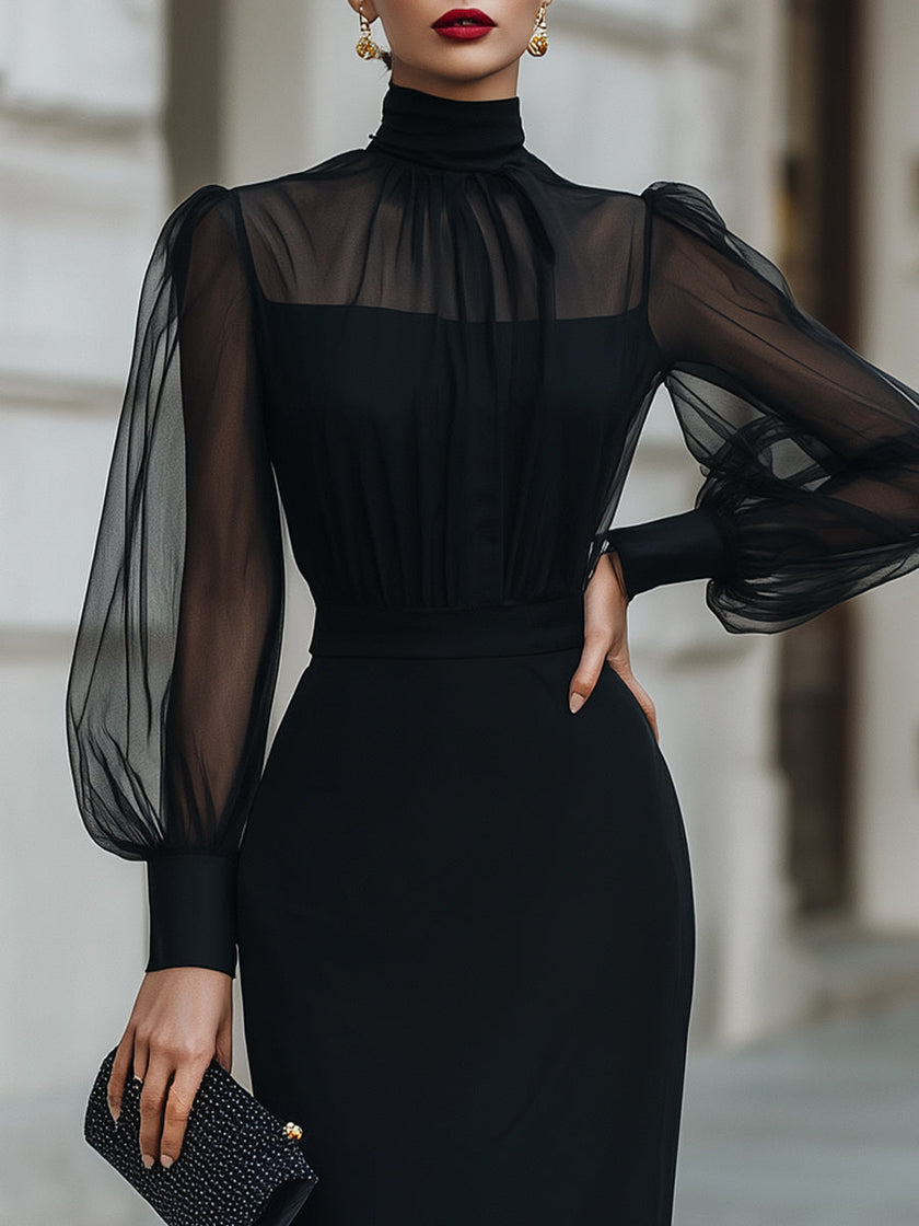 FJØRNA high-neck sheer sleeve tailored pencil midi dress, elegant cocktail dress with a fitted silhouette and sophisticated design.