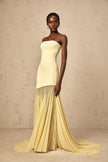 FJØRNA yellow off-shoulder sheer tulle maxi dress for women, elegant evening dress with flowing fabric and off-shoulder design.