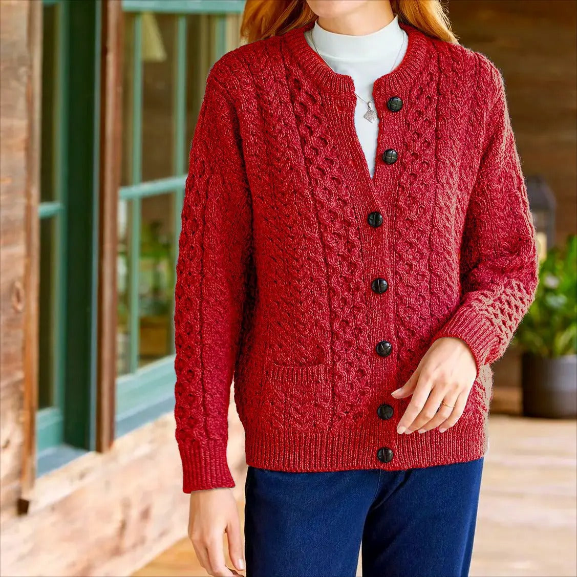 Chunky Cable-Knit Cardigan with Button Front Relaxed Fit for Women | Victoria
