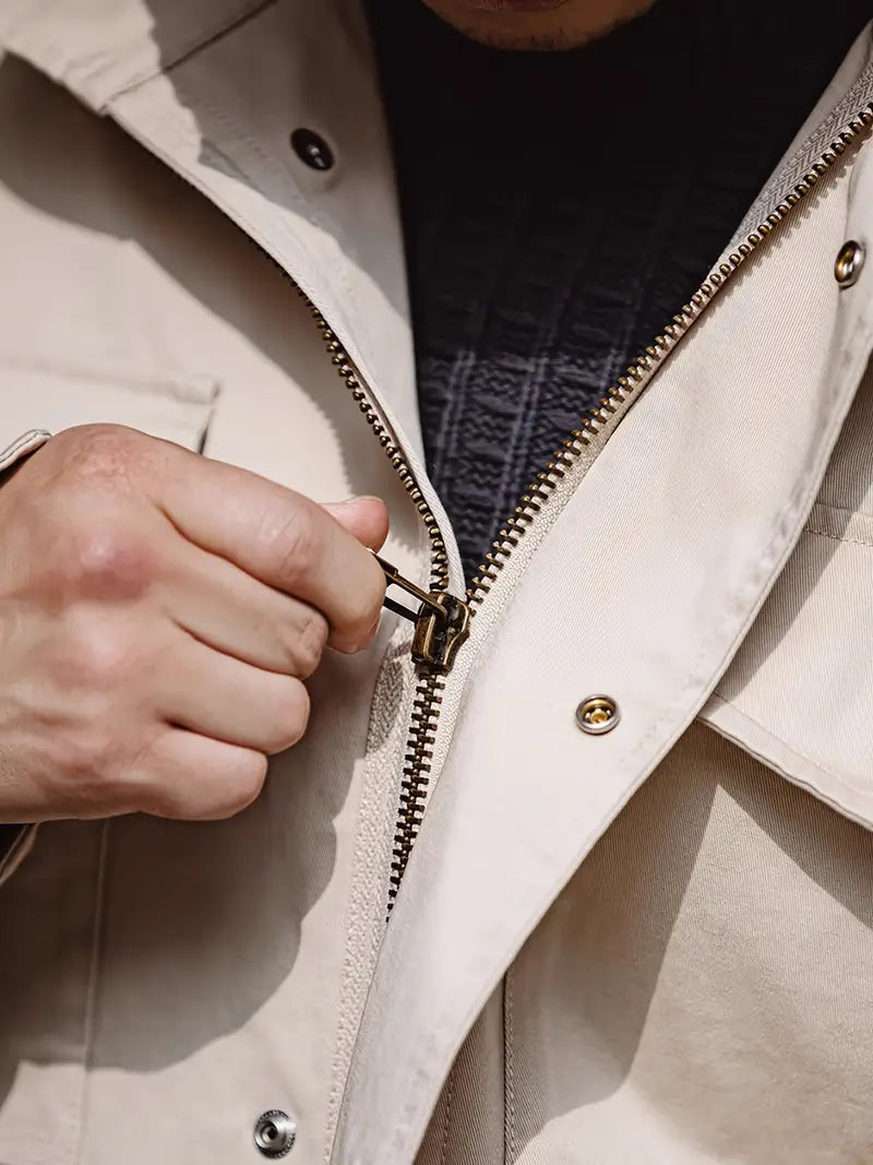 Field Coat Men Cotton Lapel Collar Button Zip Front Regular Fit