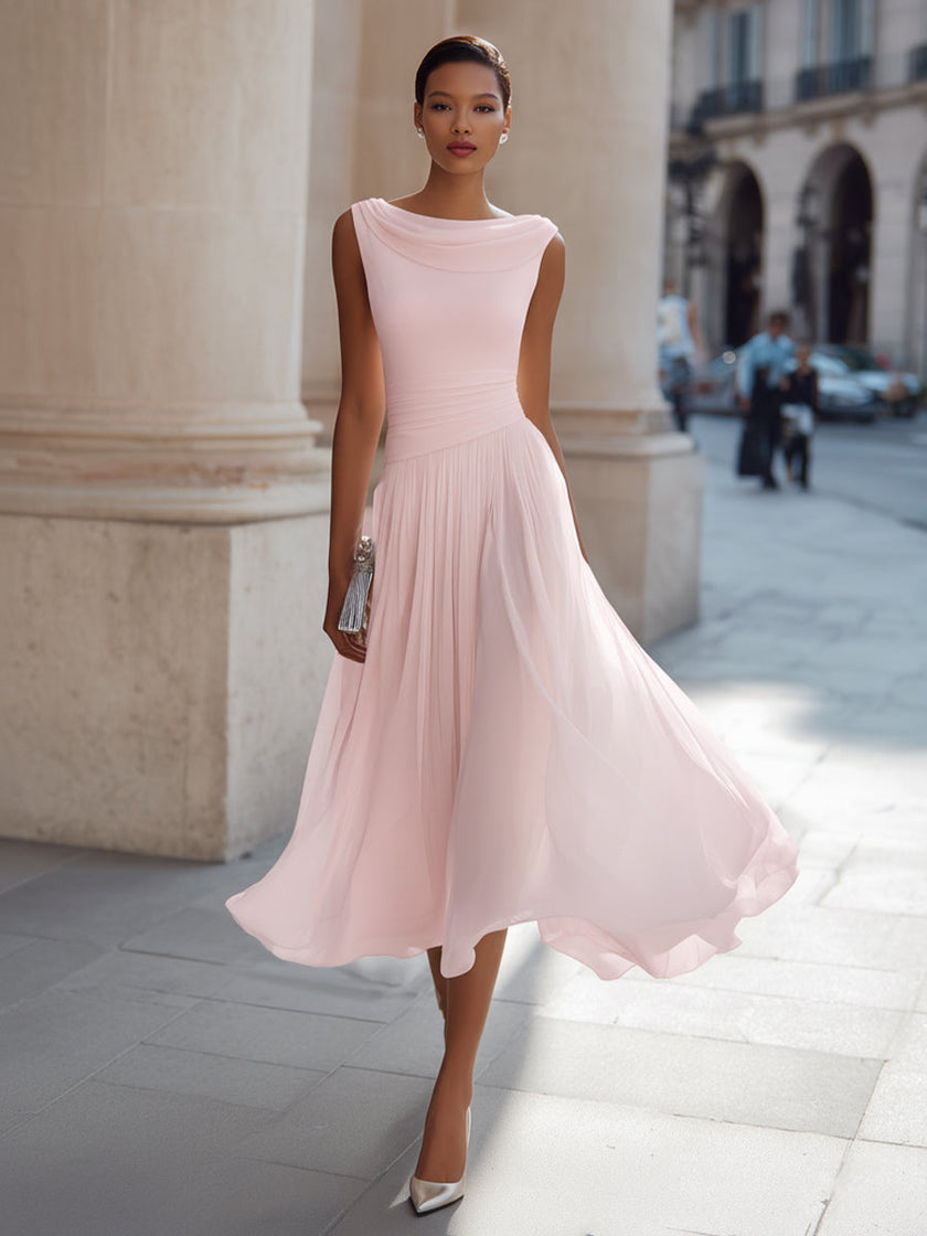 FJØRNA sleeveless pleated midi dress with draped neckline, ideal for wedding guests, showcasing elegant fabric and stylish design.