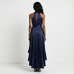 Elegant FJØRNA women's maxi dress with halter neck and ruffle satin details, perfect for formal occasions.