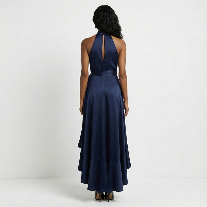 Elegant FJØRNA women's maxi dress with halter neck and ruffle satin details, perfect for formal occasions.