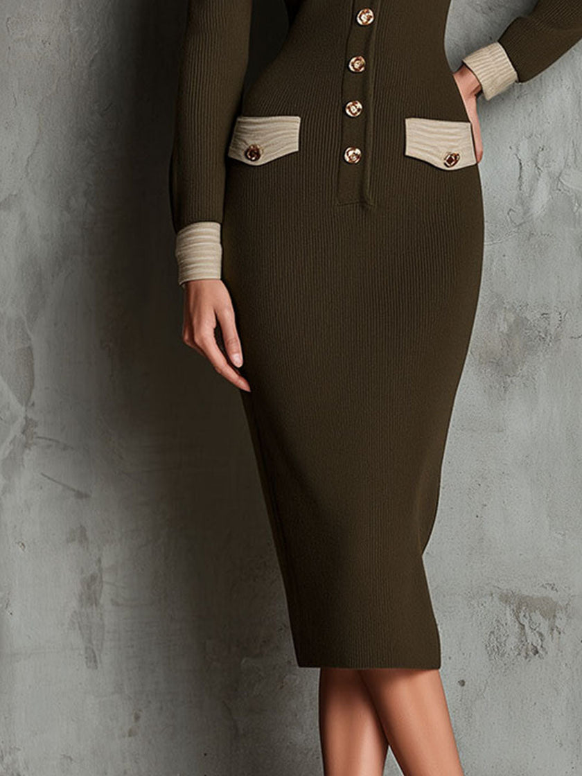 FJØRNA vintage olive knit midi dress with button front, contrast trim, and pockets, showcasing a stylish, casual dress design.
