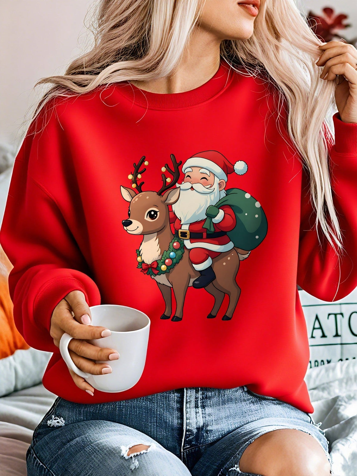 Ugly Christmas Sweater Reindeer Santa Fleece Crew Neck Tacky Holiday Jumper | Cosima