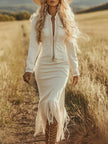 White denim tassel maxi dress by FJØRNA, casual dress with flowing fabric and tassel details, perfect for summer wear.