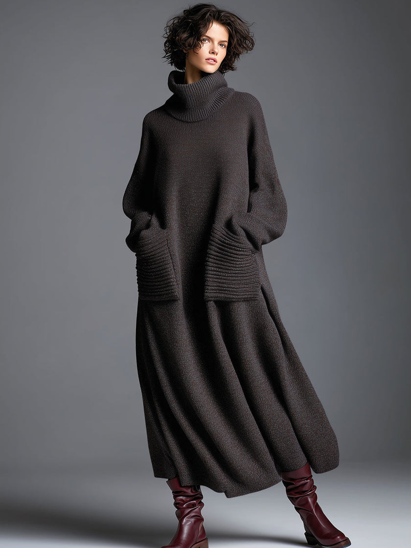 Brown knit maxi dress for women by FJØRNA, featuring a long, cozy, and stylish design with a fitted bodice and flowing skirt.
