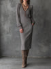Ash taupe herringbone knit midi dress by FJØRNA featuring bohemian style, long sleeves, and a relaxed midi length.