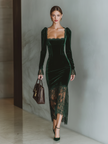 FJØRNA burgundy velvet maxi dress, elegant evening dress with flowing fabric and fitted waist, suitable for formal occasions.