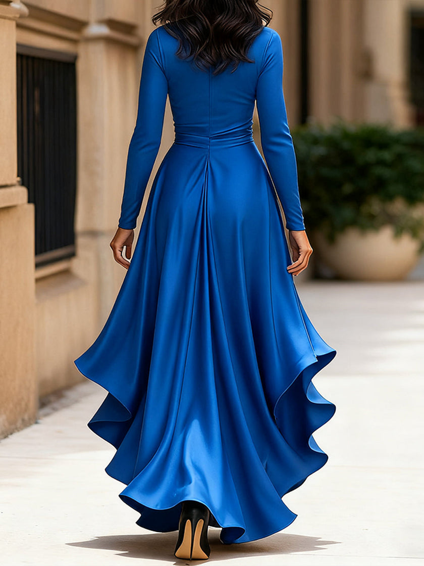 Navy blue FJØRNA satin maxi dress with draped fabric and ruffle details, sleeveless design, and flowing silhouette.