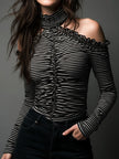 Black striped high neck cold-shoulder ruched T-shirt by FJØRNA, showing the top with long sleeves and ruched detail.