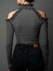 Black striped high neck cold-shoulder ruched T-shirt by FJØRNA featuring long sleeves and a fitted design.