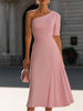 FJØRNA blush pink one-shoulder pleated midi dress, elegant evening dress with flowing fabric and asymmetric shoulder design.