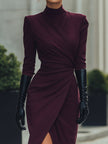 FJØRNA deep burgundy draped wrap midi dress with elegant summer design, perfect for business or formal occasions.