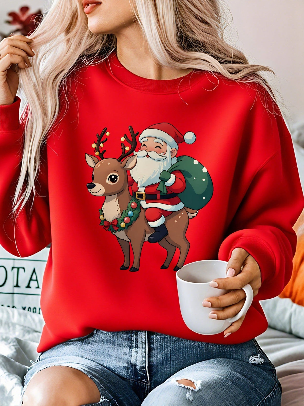 Ugly Christmas Sweater Reindeer Santa Fleece Crew Neck Tacky Holiday Jumper | Cosima