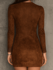 FJØRNA vintage caramel brown suede mini dress with lace trim, zip front, fitted style, suitable for casual or semi-formal wear