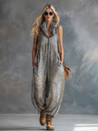 FJØRNA women's apricot leopard print hooded chiffon jumpsuit with stylish pant design and relaxed fit.
