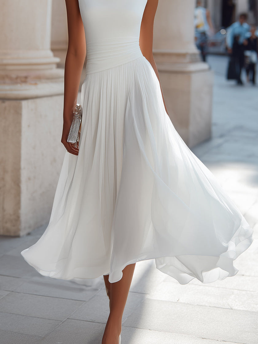 FJØRNA sleeveless pleated midi dress with draped neckline, suitable for wedding guests, elegant dress for special occasions.