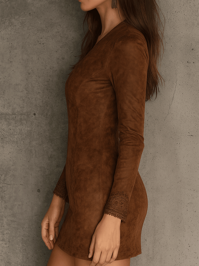 Vintage caramel brown suede mini dress by FJØRNA featuring lace trim, zip front, and a fitted silhouette.