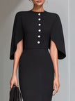 FJØRNA black cape-sleeve midi sheath dress, a stylish cocktail dress with elegant cape sleeves and a fitted silhouette.