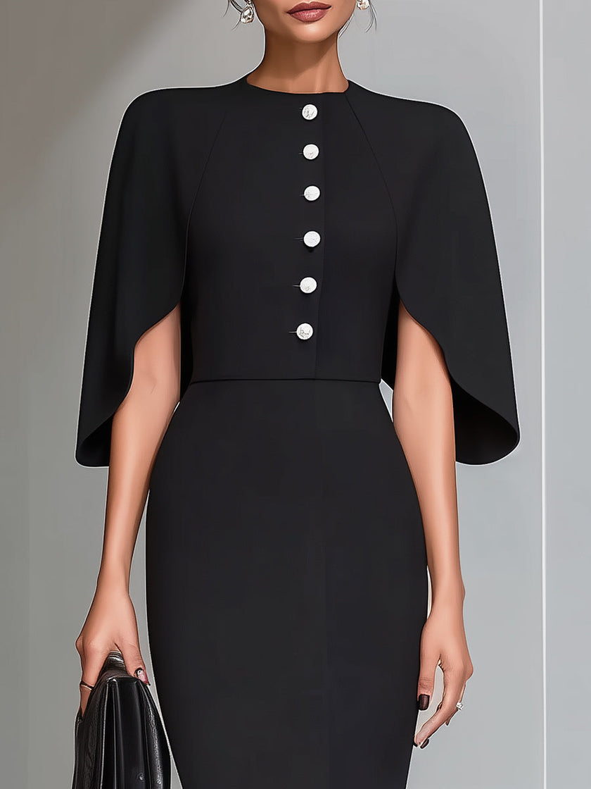FJØRNA black cape-sleeve midi sheath dress, a stylish cocktail dress with elegant cape sleeves and a fitted silhouette.