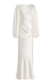 FJØRNA Vivir balloon-sleeve rose-detailed hammered satin maxi dress, elegant and flowing with intricate rose accents.