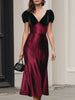 FJØRNA burgundy satin V-neck midi dress with velvet long sleeves, elegant cocktail dress for special occasions