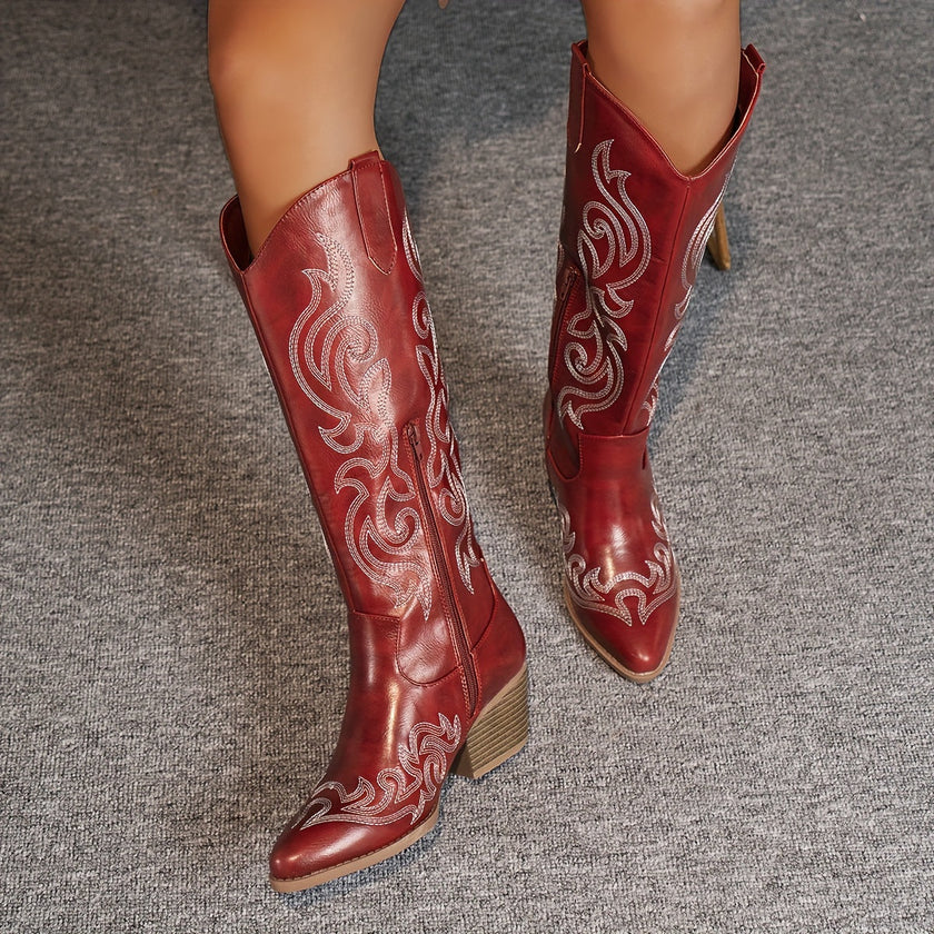 Cowboy Boots Embroidered Knee High Block Heel Pointed Toe Western Boots | Nanna