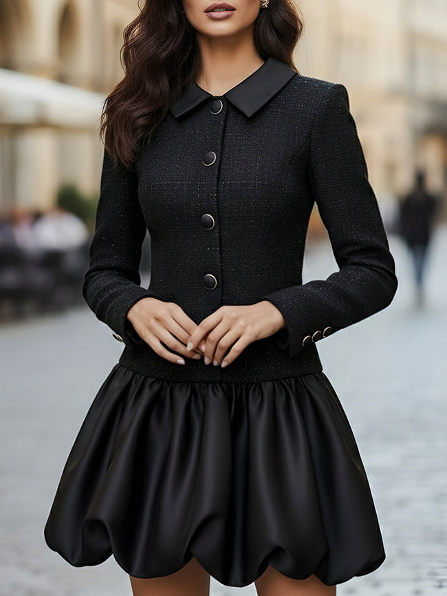 FJØRNA women's tweed and satin bubble hem dress, showcasing a stylish blend of textured tweed and smooth satin fabric.