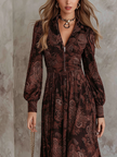 FJØRNA women's midi dress with retro zipper neck, long sleeves, and paisley print, featuring a stylish vintage-inspired design.