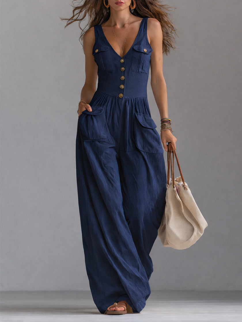 FJØRNA women's white sleeveless wide-leg jumpsuit with patch pockets, stylish and comfortable pants for casual wear.