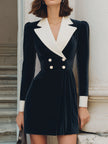FJØRNA black velvet contrast-lapel tuxedo blazer mini dress, stylish evening dress with tailored fit and elegant lapel details.