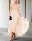 FJØRNA chiffon midi dress for women with A-line silhouette and three-quarter sleeves, elegant and flowy fabric.