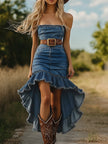 FJØRNA ruffle midi dress for women featuring flowing fabric, ruffled details, and a stylish design perfect for spring and summer wear.
