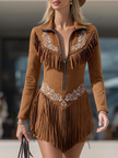 FJØRNA red suede tassel mini dress, casual style with fringe details and sleeveless design, perfect for summer outings.