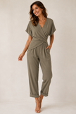 Wrap Jumpsuit Women V-Neck Short Sleeve Wide Leg