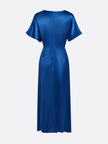 FJØRNA draped maxi dress with ruched V-neck and raglan sleeves, flowing silhouette, and elegant fabric for a stylish look.